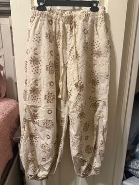 POL Cream Boho Pants with Brown Floral Embroidery